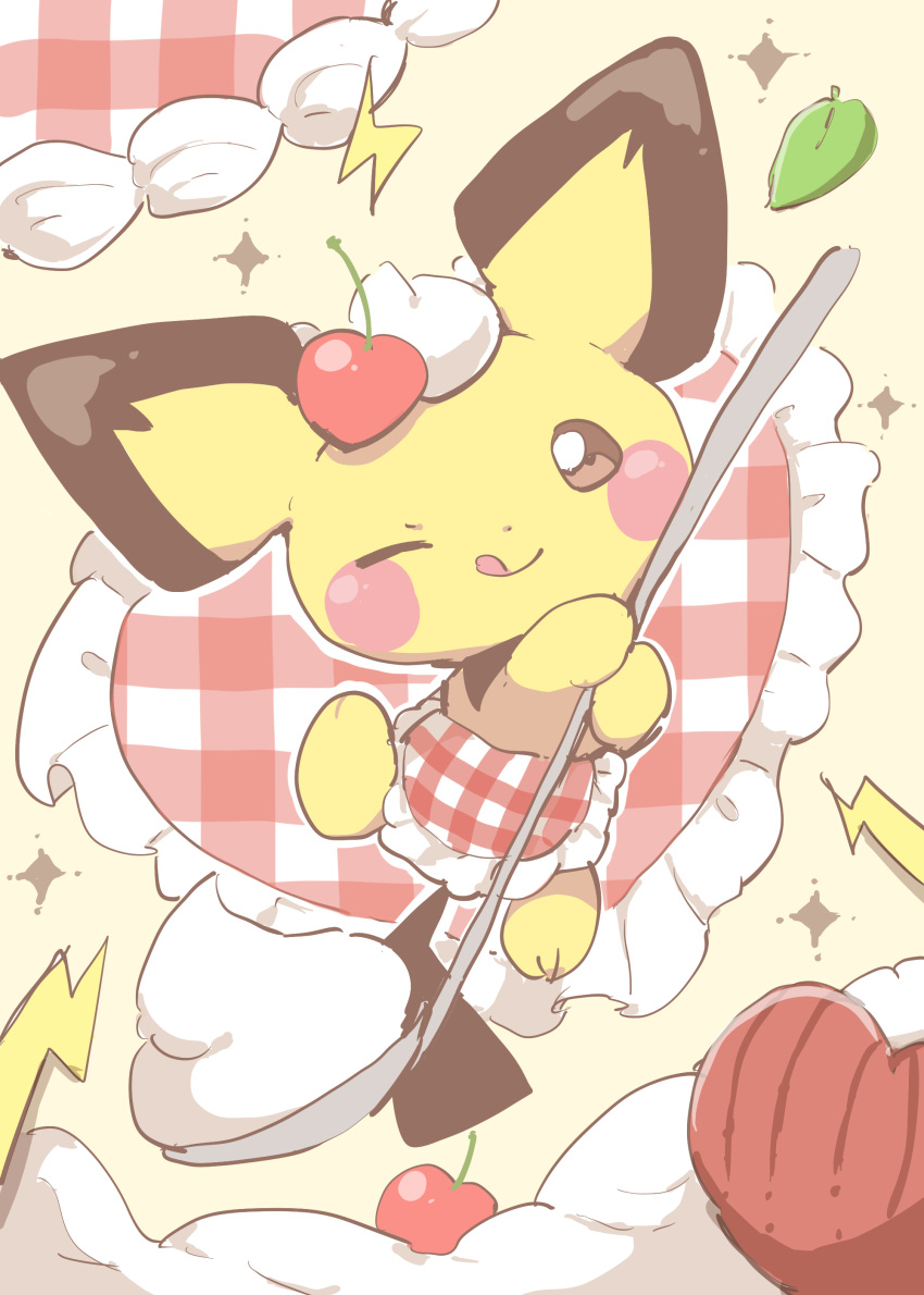 absurdres, apron, brown_eyes, cherry, chiko_(chi_p_71), clothed_pokemon, food, fruit