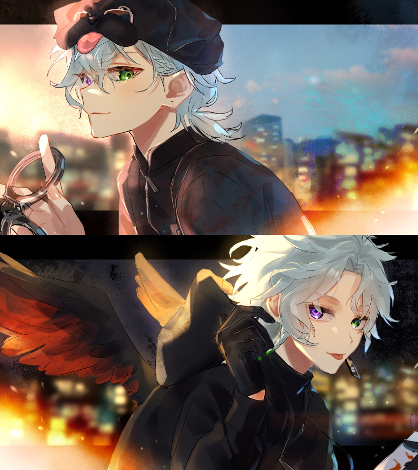 1boy, :p, absurdres, animal_hat, black_hat, black_jacket, black_wings, blurry