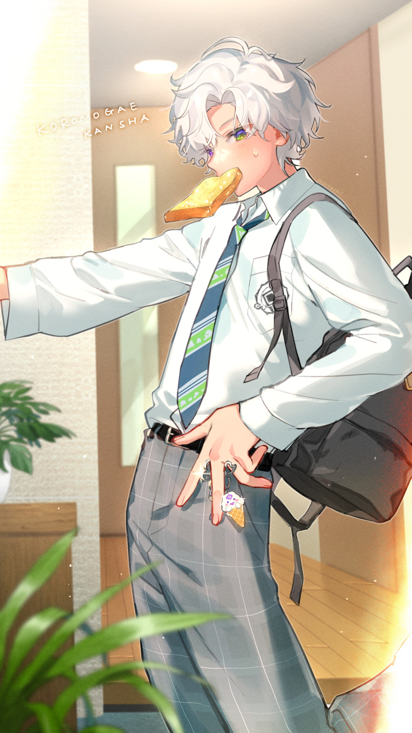 1boy, absurdres, bag, black_necktie, bread, bread_slice, character_charm, charm_(object)