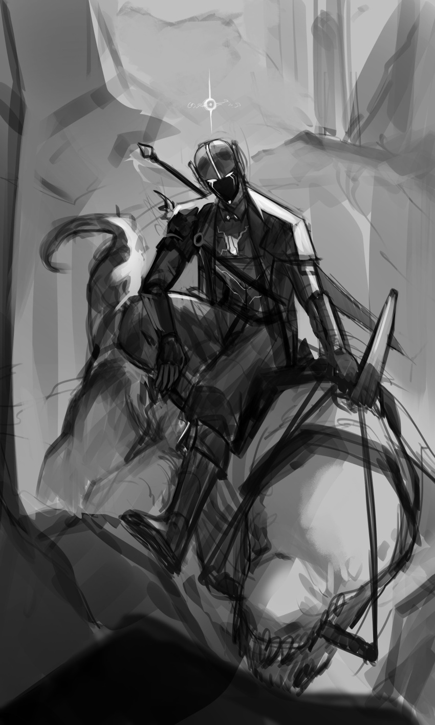 1other, absurdres, boots, capelet, deepwoken, elbow_on_knee, greyscale, head_tilt