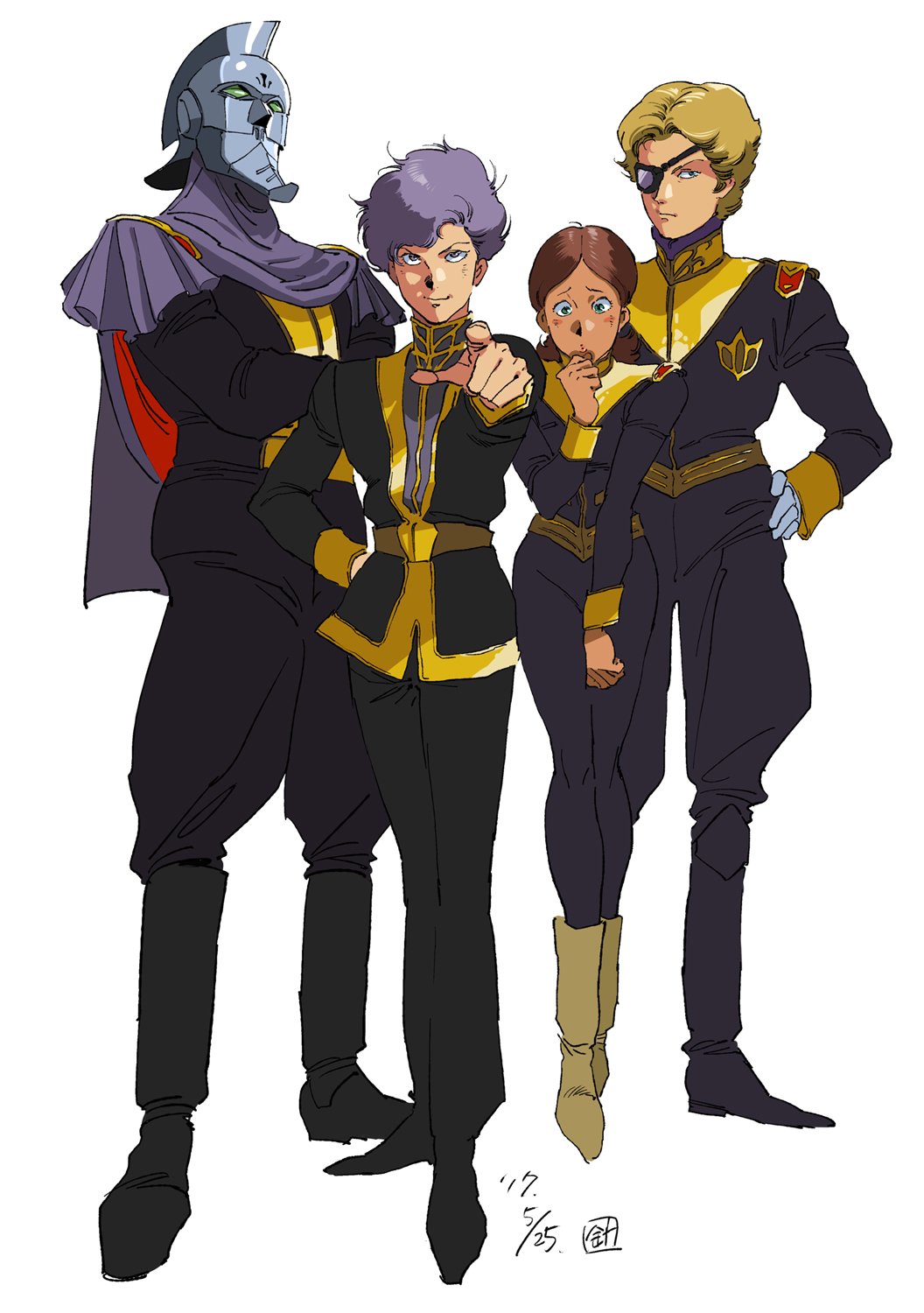 1girl, 2025, 3boys, annamarie_bourget, carozzo_ronah, character_request, closed_mouth, crossbone_vanguard