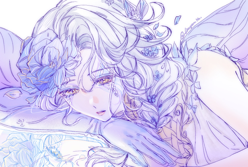 artist_name, blue_flower, braid, bug, butterfly, butterfly_hair_ornament, chinese_commentary, commentary_request, curtained_hair, dress, elbow_gloves, facial_mark, falling_petals, flower, gloves, hair_flower, hair_ornament, hair_over_one_eye, highres, identity_v, liuyan_hz, long_hair, looking_at_mirror, lying, mirror, mole, mole_under_eye, on_side, petals, pink_lips, purple_dress, purple_gloves, see-through_clothes, see-through_gloves, shirt, short_sleeves, single_elbow_glove, vera_nair, vera_nair_(mnemosyne's_dream), wavy_hair, yellow_eyes