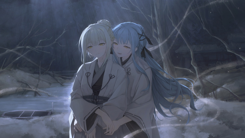 2girls, absurdres, bang_dream!, bang_dream!_it's_mygo!!!!!, blue_hair, boat, brh, chinese_commentary, closed_mouth, commentary_request, green_hair, hair_bun, hand_on_another's_waist, highres, long_hair, long_sleeves, lower_teeth_only, multiple_girls, open_mouth, short_hair, sidelocks, single_hair_bun, teeth, togawa_sakiko, tree, wakaba_mutsumi, watercraft, white_background, yellow_eyes, yuri