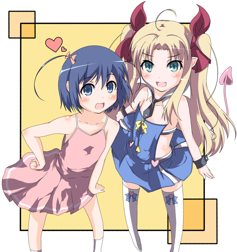 astarotte_ygvar, blonde_hair, blue_eyes, blue_hair, blush, bow, demon_tail, detached_collar