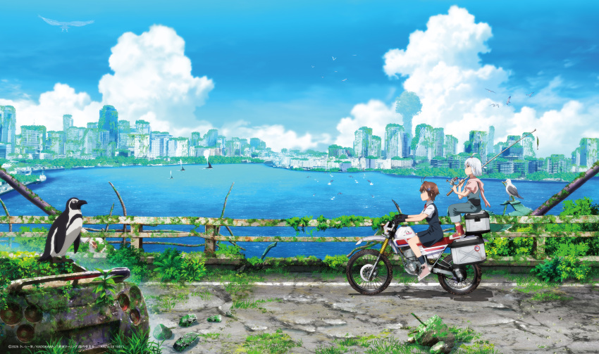 2girls, absurdres, airi_(shuumatsu_touring), bird, black_dress, blue_overalls, blue_sky, brown_hair
