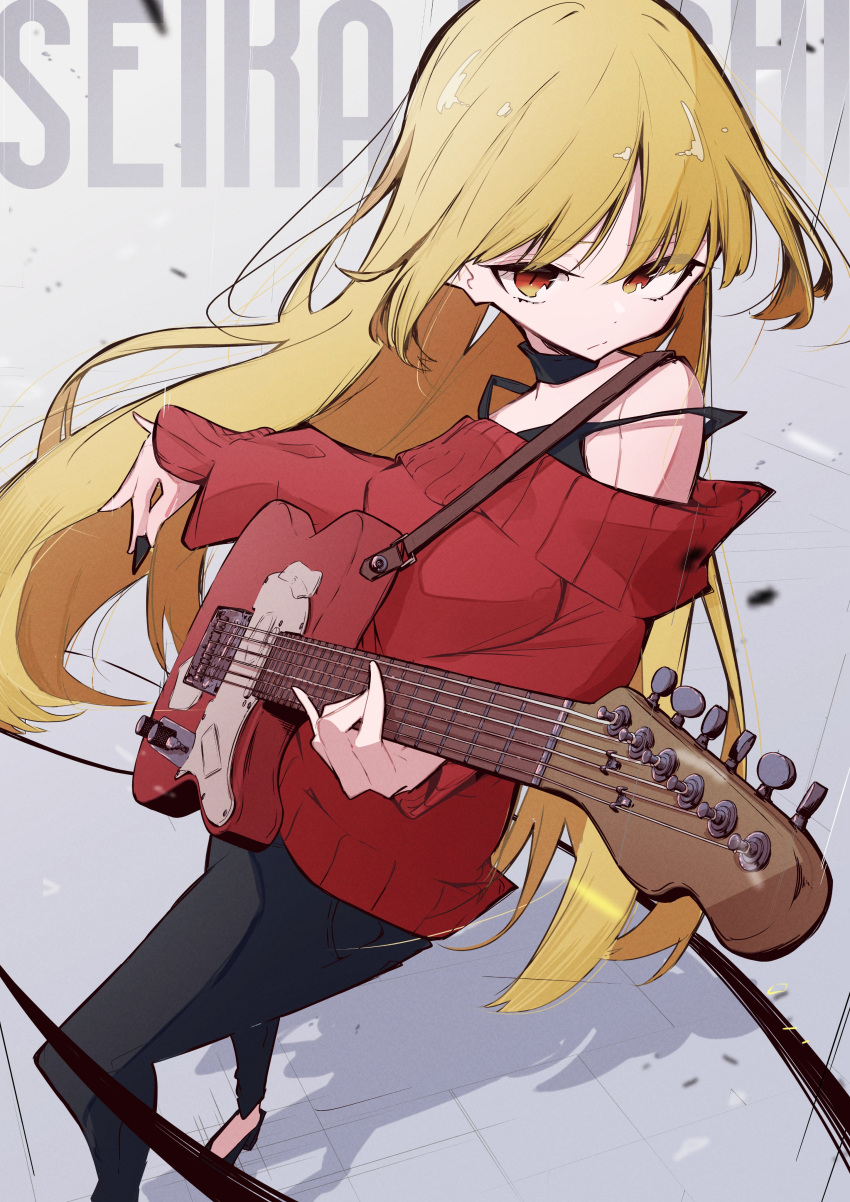 1girl, absurdres, aomoringo, black_collar, black_pants, black_tank_top, blonde_hair, bocchi_the_rock!