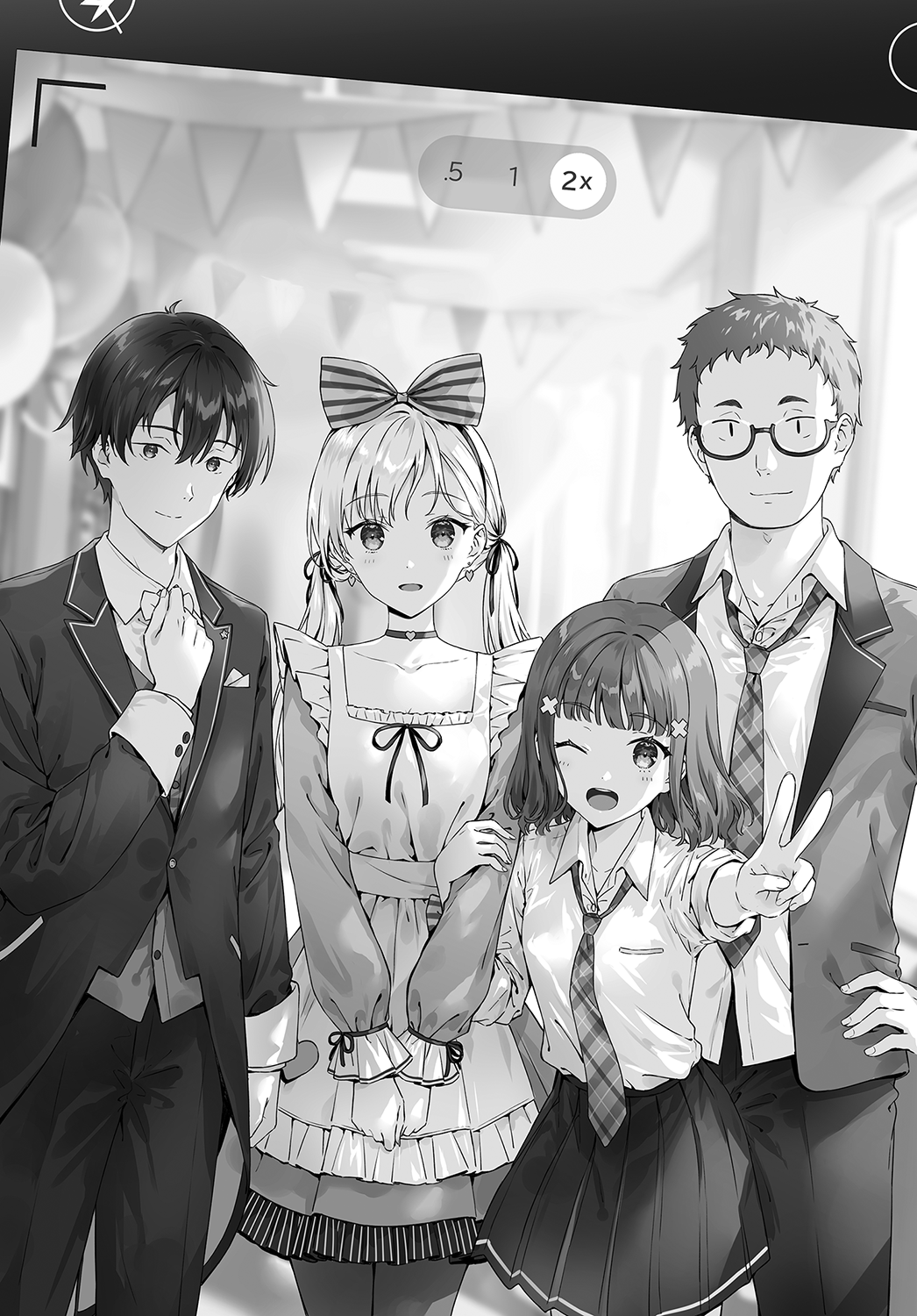 2boys, 2girls, ;d, apron, asamura_yuuta, ayase_saki, bow, choker