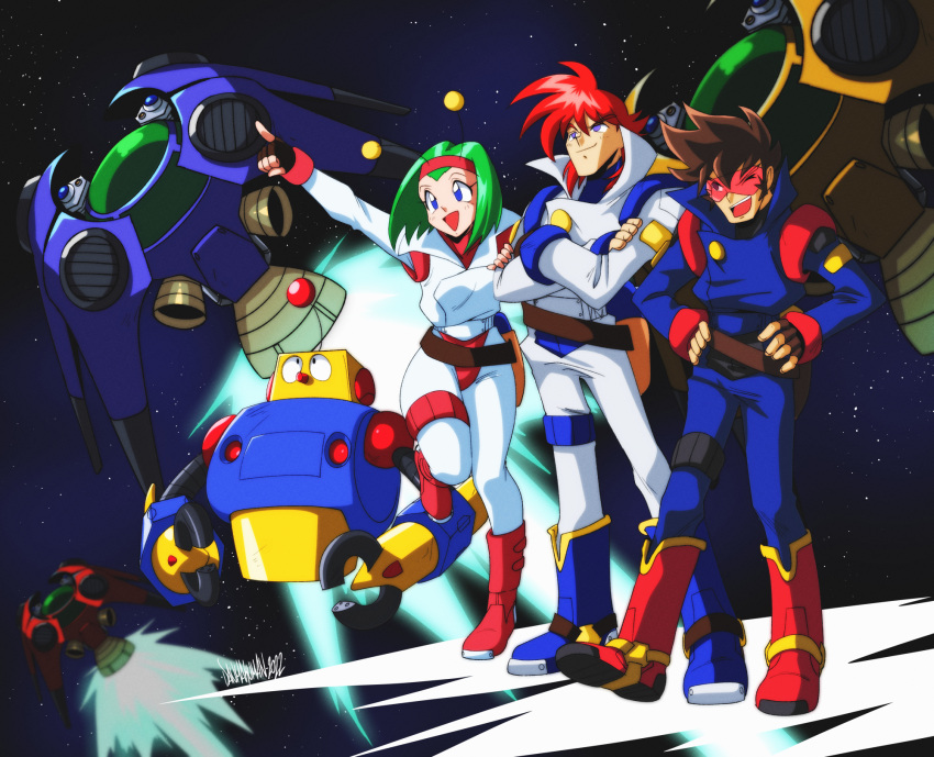 1girl, 2boys, brown_hair, buster_(radiant_silvergun), creator, crossed_arms, danmakuman, dated