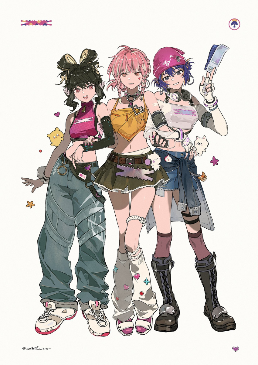 3girls, akihare, beanie, black_hair, blonde_hair, braid, crop_top, detached_sleeves, earrings, fearless, fearless_juno, fearless_mercy, hair_bun, hat, headphones, heart, highres, holding, holding_another's_arm, holding_ticket, hoop_earrings, jewelry, juno_(overwatch), kira-kira_kiriko, kiriko_(overwatch), looking_at_viewer, mercy_(overwatch), multicolored_hair, multiple_girls, orange_hair, overwatch, pants, pink_hair, purple_hair, shorts, simple_background, skirt, ticket, two-tone_hair