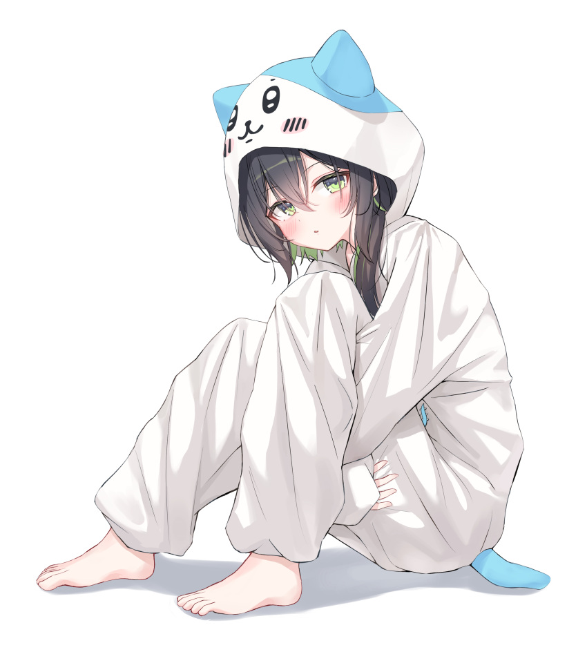 1girl, absurdres, barefoot, black_hair, blush, character_hood, chiikawa, colored_inner_hair