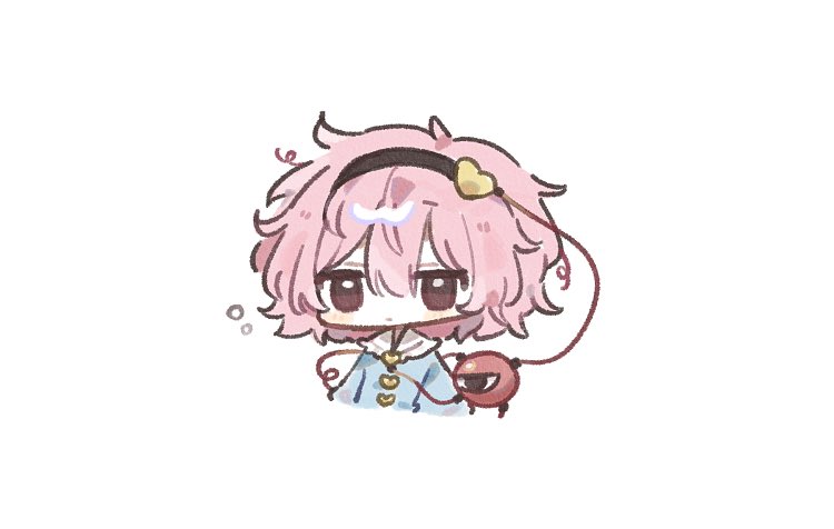 1girl, black_hairband, chibi, dedede_mon, hairband, heart, komeiji_satori, messy_hair, pink_hair, short_hair, simple_background, solo, third_eye, touhou, upper_body, white_background