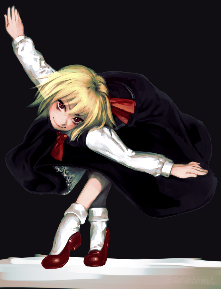 1girl, arm_up, artist_name, ascot, bent_over, black_skirt, black_vest, blonde_hair, blush, envenomist_(gengoroumaru), eyelashes, hair_ribbon, head_tilt, highres, long_sleeves, neck_bobbles, one-hour_drawing_challenge, outstretched_arms, red_ascot, red_eyes, red_ribbon, red_shoes, ribbon, rumia, shirt, shoes, short_hair, skirt, smile, socks, solo, spread_arms, tiptoes, touhou, twitter_username, vest, white_shirt, white_socks
