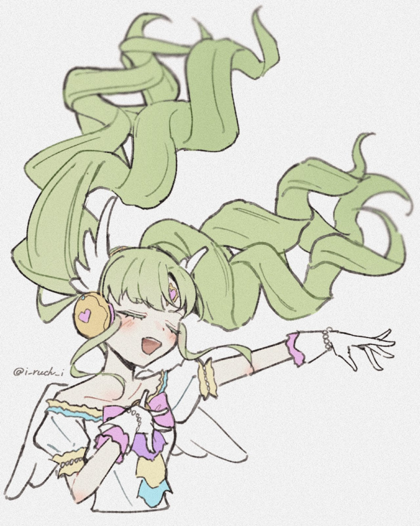 1girl, :d, closed_eyes, cropped_torso, facing_viewer, falulu, falulu_(awakened), floating_hair, forehead_jewel, gloves, green_hair, hair_floating_upwards, hand_on_own_chest, hashtag-only_commentary, headphones, highres, idol_clothes, iruchi, long_hair, open_mouth, outstretched_arm, parted_bangs, pretty_series, pripara, smile, solo, twintails, white_background, white_gloves, white_wings, wings