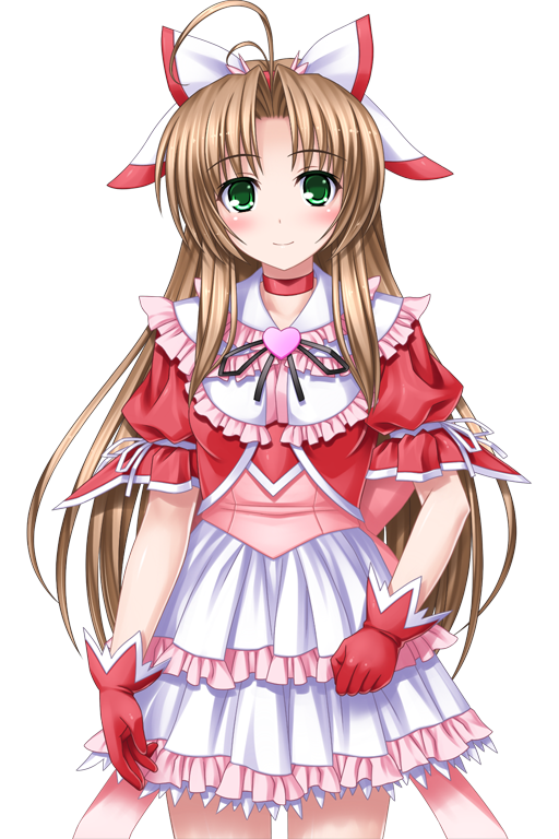 1girl, antenna_hair, blush, bow, brown_hair, choker, dress, frills