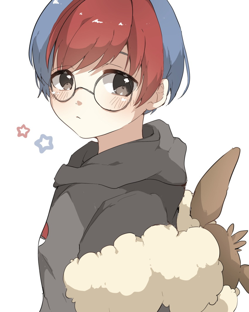 1girl, black_eyes, chiko_(chi_p_71), closed_mouth, eevee, frown, glasses, grey_hoodie