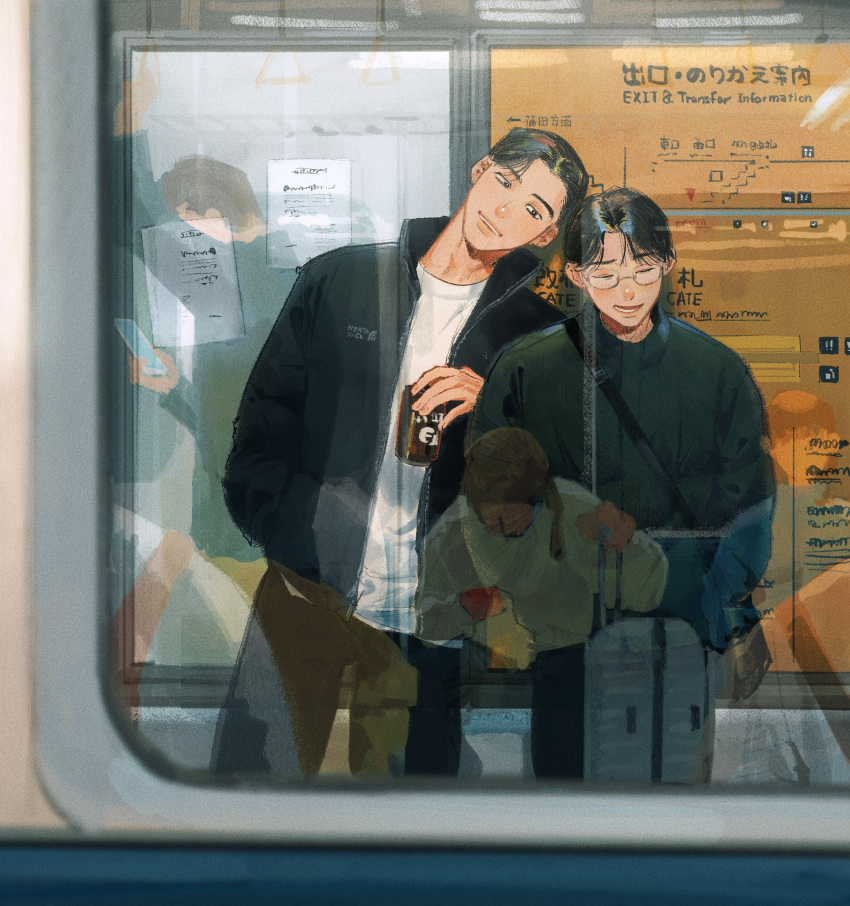 2boys, amo_(amo_0514), bag, black_eyes, black_hair, black_jacket, black_pants, blush