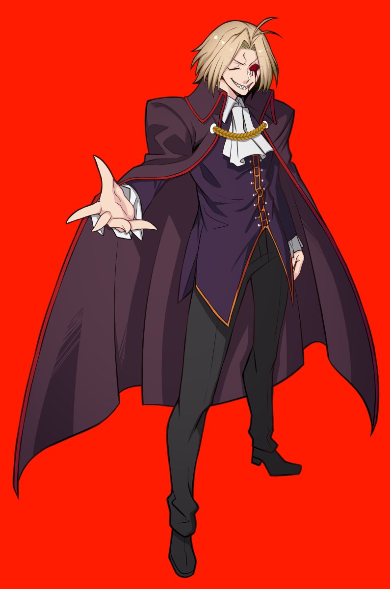 1boy, ahoge, ascot, black_pants, black_shoes, blonde_hair, blood, blood_from_eyes, blood_from_mouth, cape, fingernails, formal_clothes, frilled_sleeves, frills, grin, highres, hirakawa, male_focus, melty_blood, night_of_wallachia, one_eye_closed, pants, reaching, reaching_towards_viewer, red_background, red_eyes, sharp_fingernails, sharp_teeth, shoes, smile, standing, teeth, tsukihime, vampire
