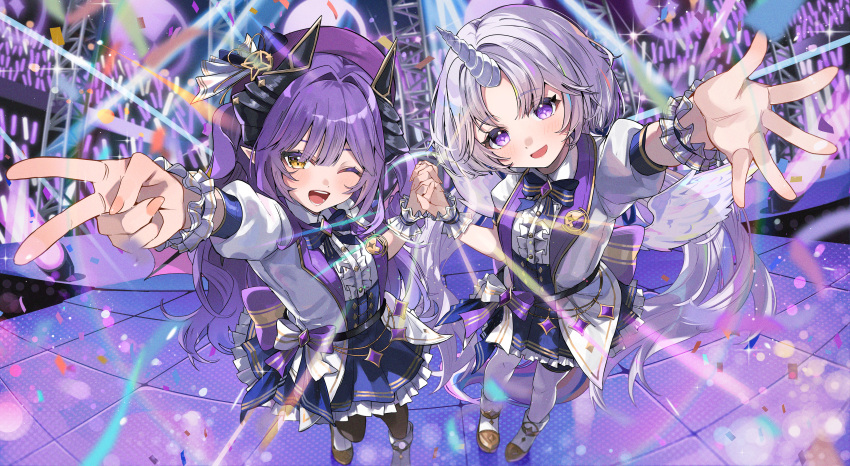 2girls, :d, ;d, absurdres, ayatsuno_yuni, black_thighhighs, blue_skirt, blush, boots, center_frills, commentary_request, frilled_skirt, frills, full_body, grey_hair, haru_yu, hat, highres, horns, jacket, korean_commentary, long_hair, long_sleeves, looking_at_viewer, multiple_girls, one_eye_closed, open_clothes, open_jacket, open_mouth, outstretched_arm, parted_bangs, purple_hair, purple_hat, sakihane_huya, shirt, single_horn, skirt, smile, stage, standing, stellive, thigh-highs, v, violet_eyes, virtual_youtuber, white_boots, white_jacket, white_shirt, white_thighhighs, yellow_eyes