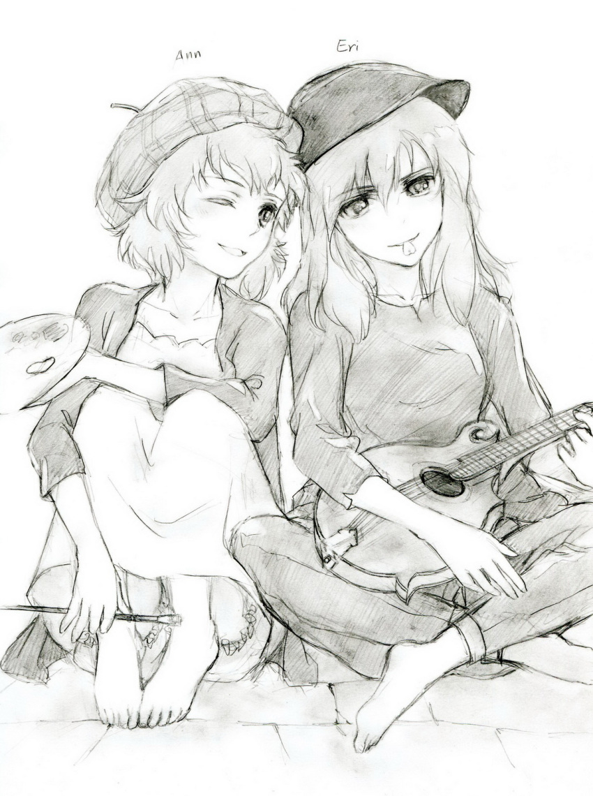 blush, dress, easel, face, feet, guitar, hands, hat