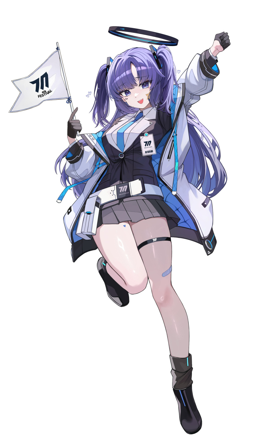 1girl, absurdres, arm_up, black_gloves, black_shoes, black_skirt, black_socks, blue_archive