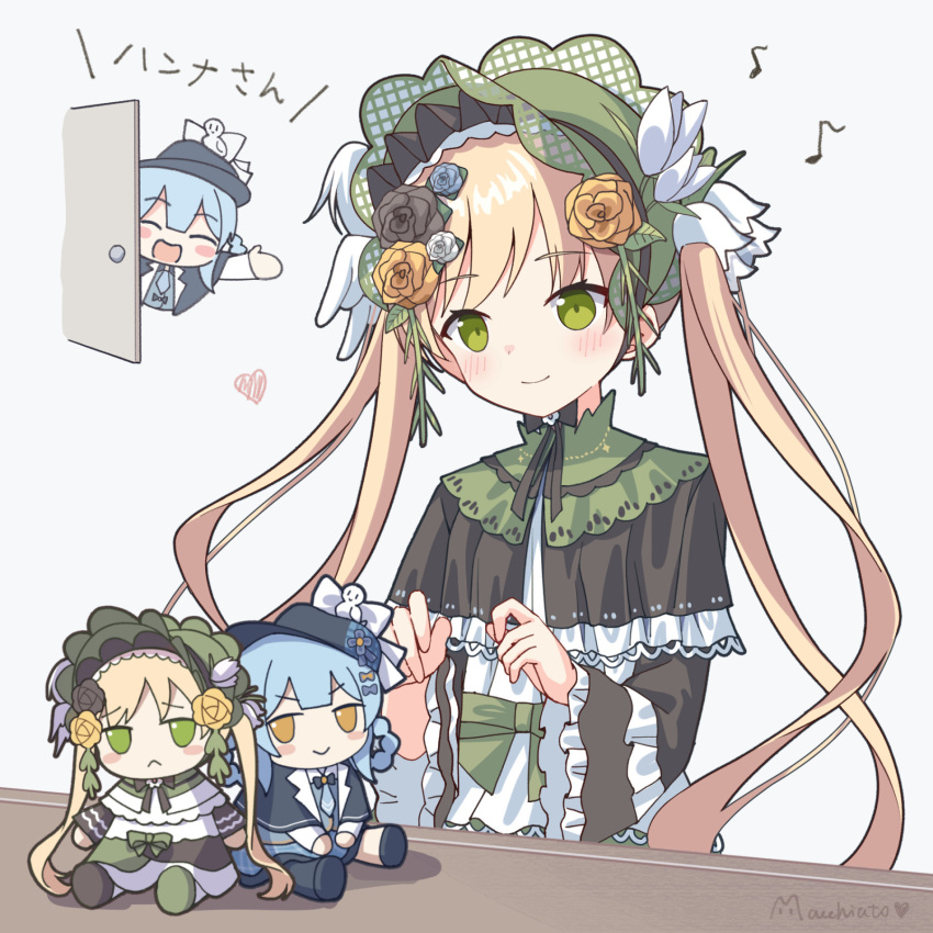 2girls, blonde_hair, blue_hair, bonnet, capelet, character_doll, closed_eyes, closed_mouth