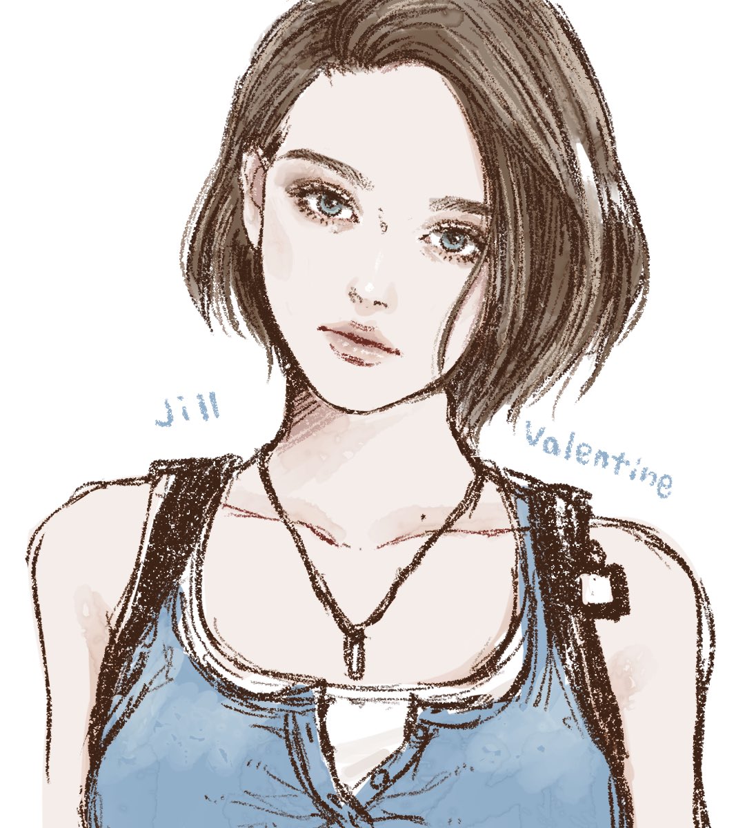 1girl, blue_eyes, brown_hair, character_name, collarbone, commentary, hair_behind_ear, hashtag-only_commentary