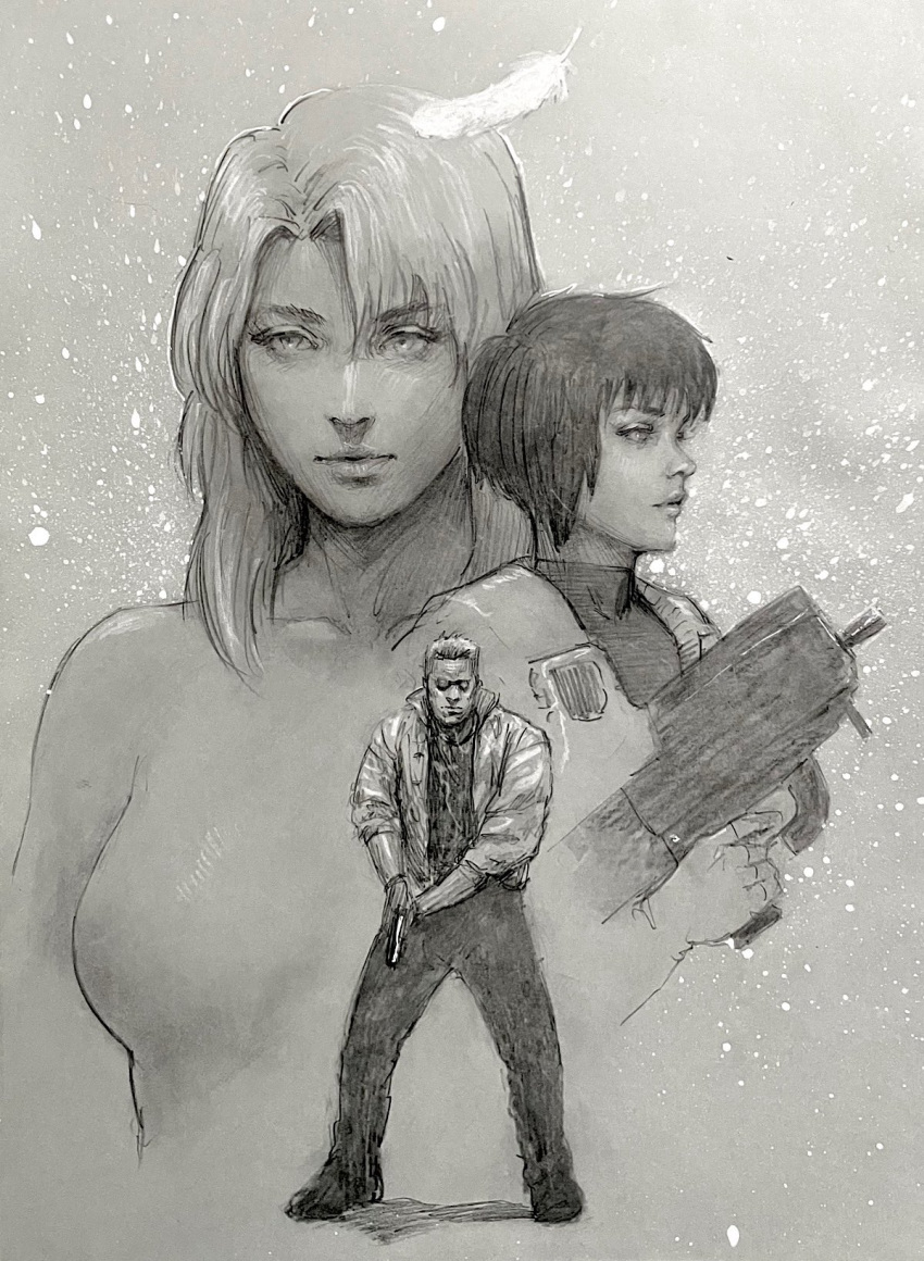 2girls, batou_(gits), black_hair, bulletproof_vest, bullpup, ghost_in_the_shell, grey_background, greyscale