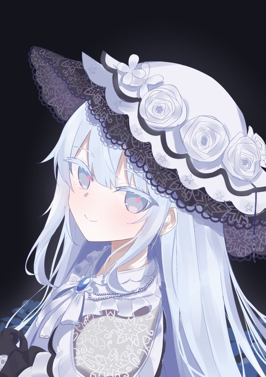 1girl, absurdres, black_background, black_gloves, brooch, closed_mouth, commentary, doubleopenfreezer