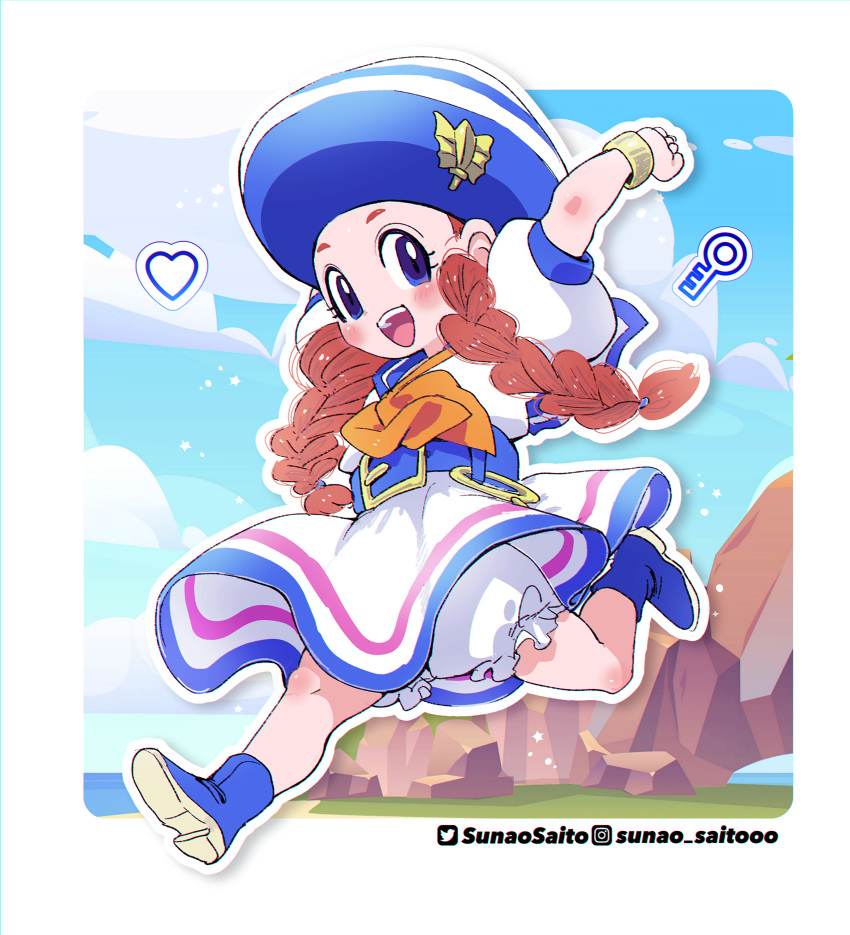1girl, :d, absurdres, alternate_costume, arms_up, artist_name, bloomers, blue_boots