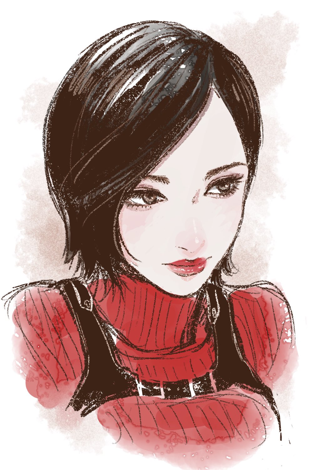 1girl, ada_wong, aegyo_sal, breasts, commentary, hashtag-only_commentary, highres, illust2222