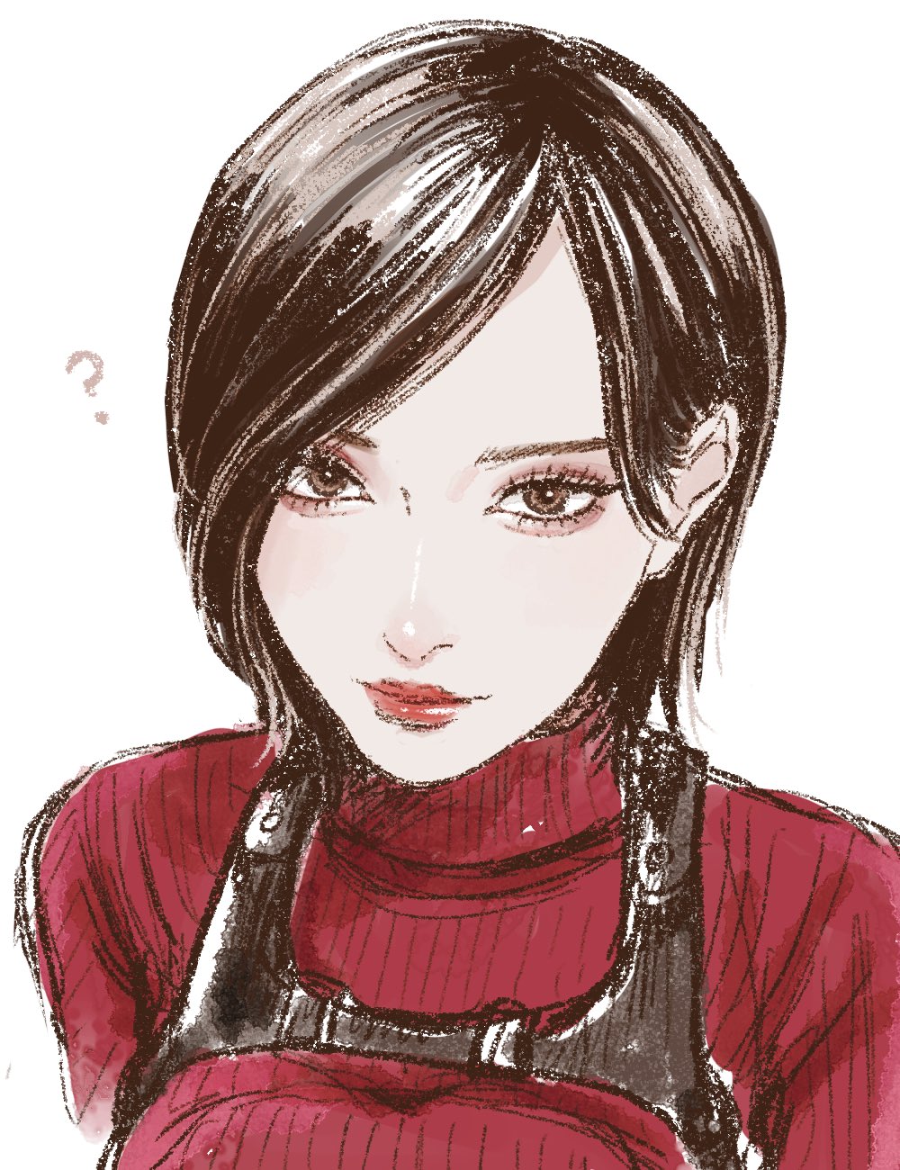 1girl, ?, ada_wong, aegyo_sal, asian, balcony, breasts, brown_eyes, commentary, hashtag-only_commentary, highres, illust2222, large_breasts, lips, portrait, red_lips, red_sweater, resident_evil, resident_evil_4, resident_evil_4_(remake), ribbed_sweater, short_hair, smile, solo, sweater, turtleneck, turtleneck_sweater