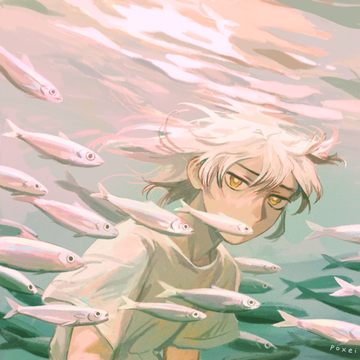 1boy, covered_mouth, fish, highres, looking_at_viewer, male_focus, ocean, original, poxeii, shirt, short_sleeves, underwater, white_hair, white_shirt, yellow_eyes