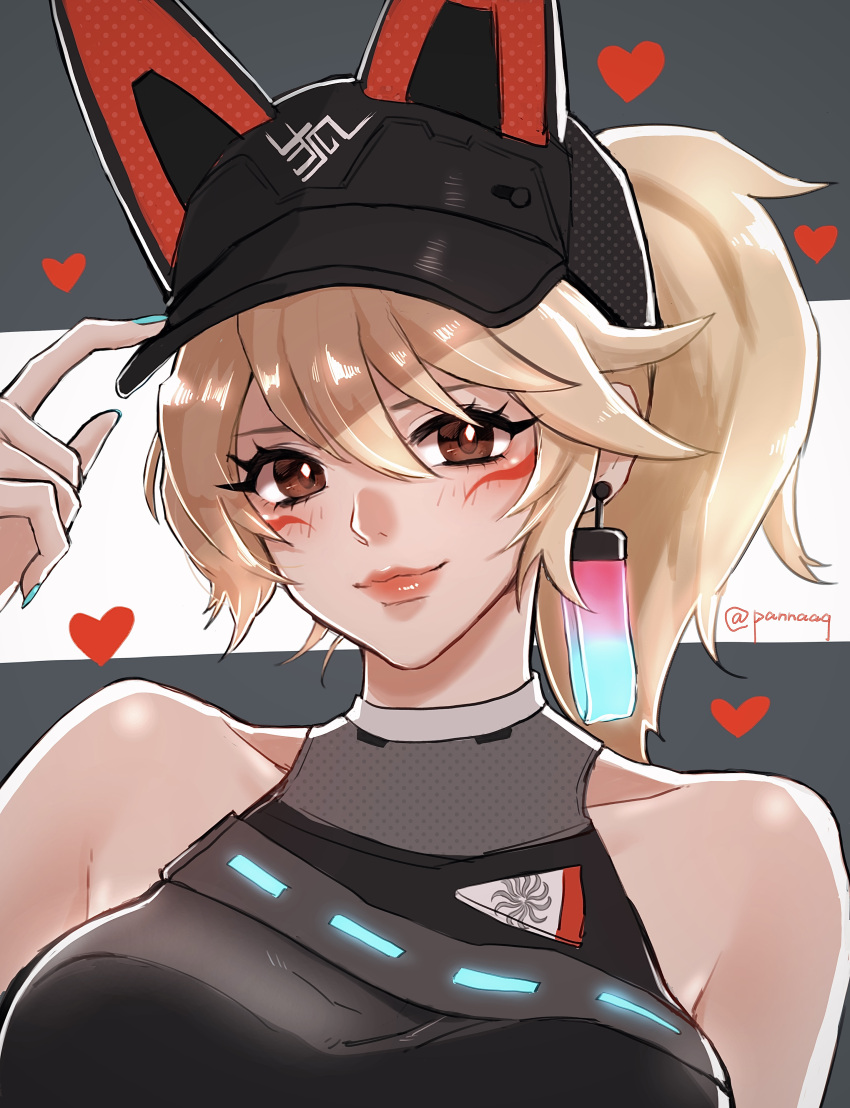 1girl, absurdres, animal_ears, artist_name, bare_shoulders, baseball_cap, blonde_hair, blue_nails, breasts, brown_eyes, crop_top, earrings, facial_mark, fox_ears, hat, heart, highres, jewelry, kiriko_(overwatch), looking_at_viewer, official_alternate_costume, overwatch, pannaaq, ponytail, single_earring, streetwear_kiriko