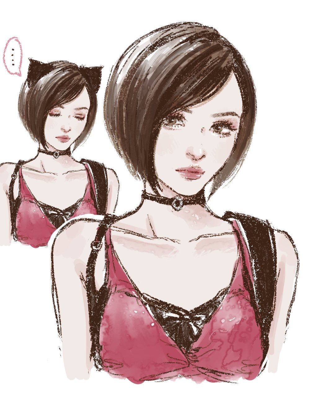 ..., 1girl, ada_wong, aegyo_sal, animal_ears, asian, black_choker, breasts