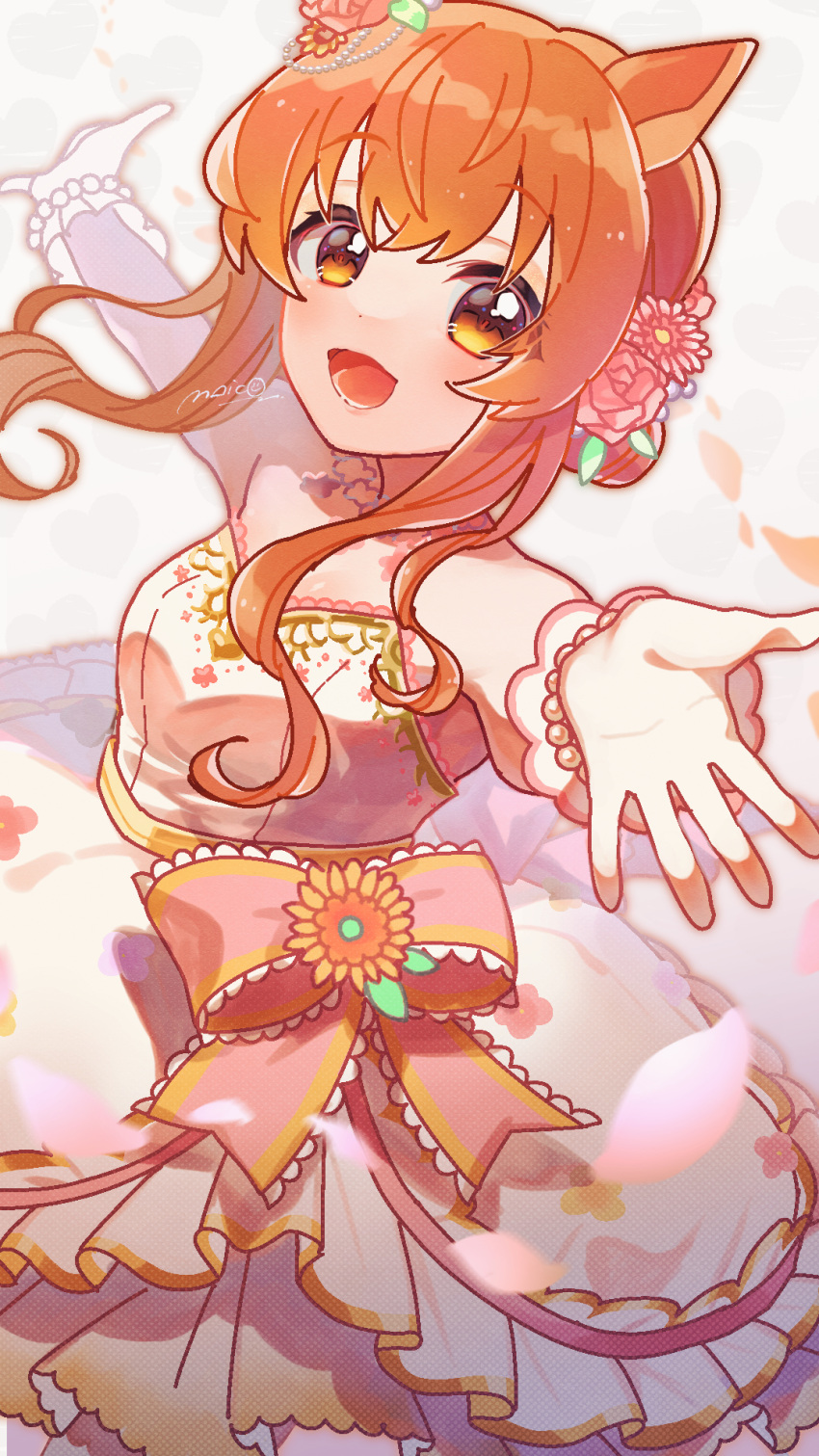 1girl, animal_ears, bare_shoulders, bow, breasts, commentary_request, dress, flower