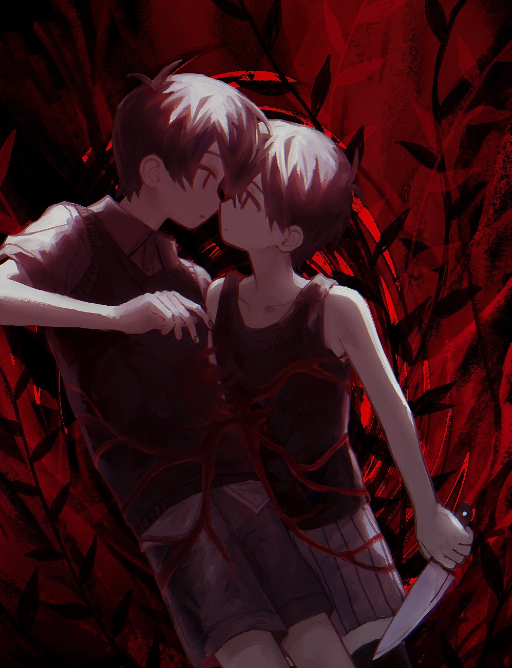 2boys, antenna_hair, backlighting, bare_arms, bare_shoulders, black_eyes, black_hair, black_sweater_vest