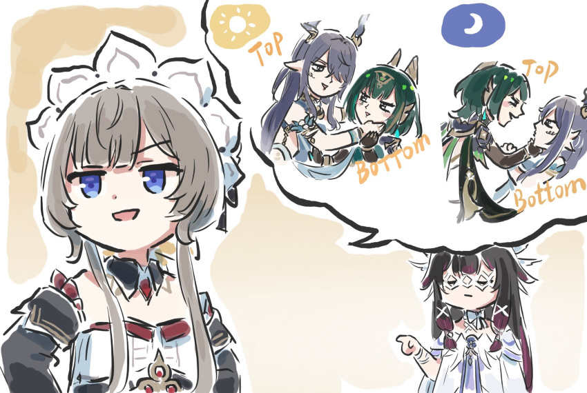 4girls, black_hair, blue_eyes, brown_hair, closed_eyes, columbina_(genshin_impact), detached_sleeves, genshin_impact