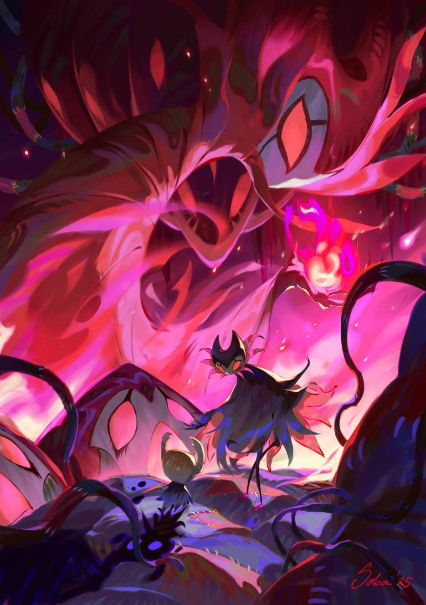 1boy, 1other, black_cloak, cloak, english_commentary, fire, frozensoba, grimm_(hollow_knight)