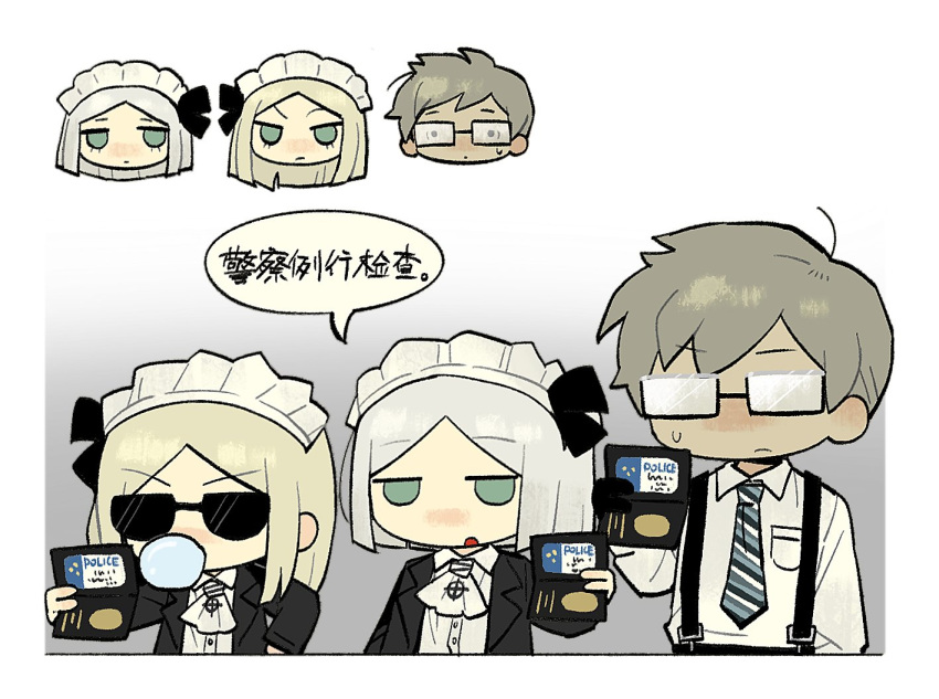 1boy, 2girls, artist_request, ascot, black_bow, black_gloves, blonde_hair, bob_cut