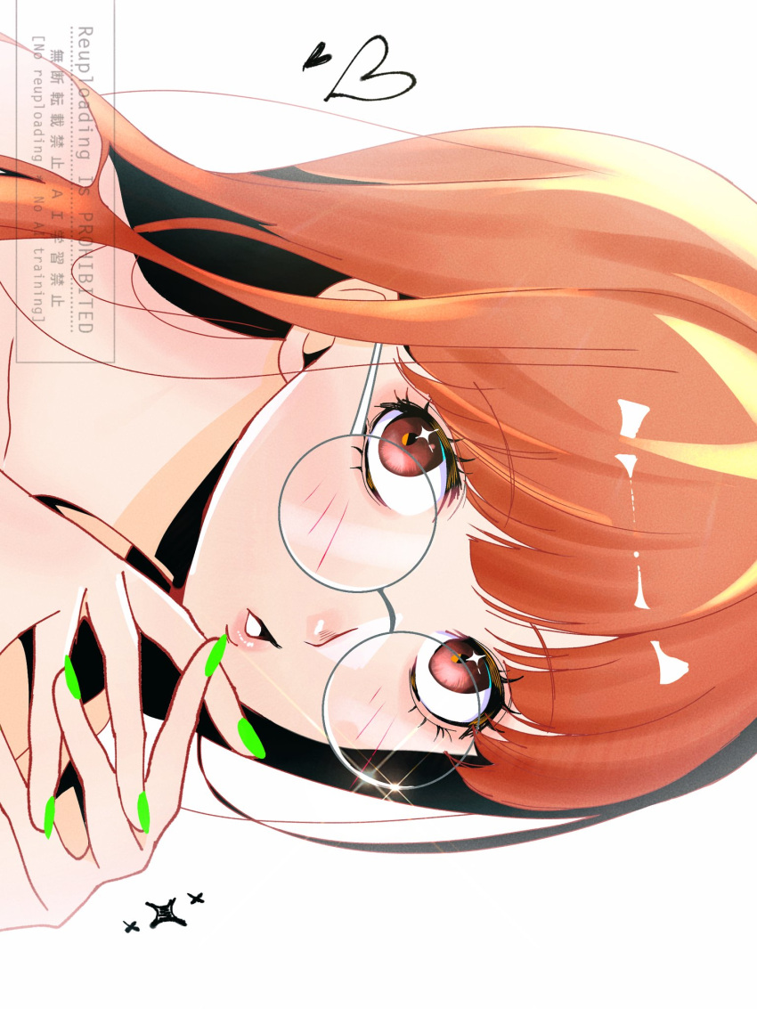 1girl, blunt_bangs, blush, brown_hair, commentary_request, drawn_heart, drawn_sparkle, glasses