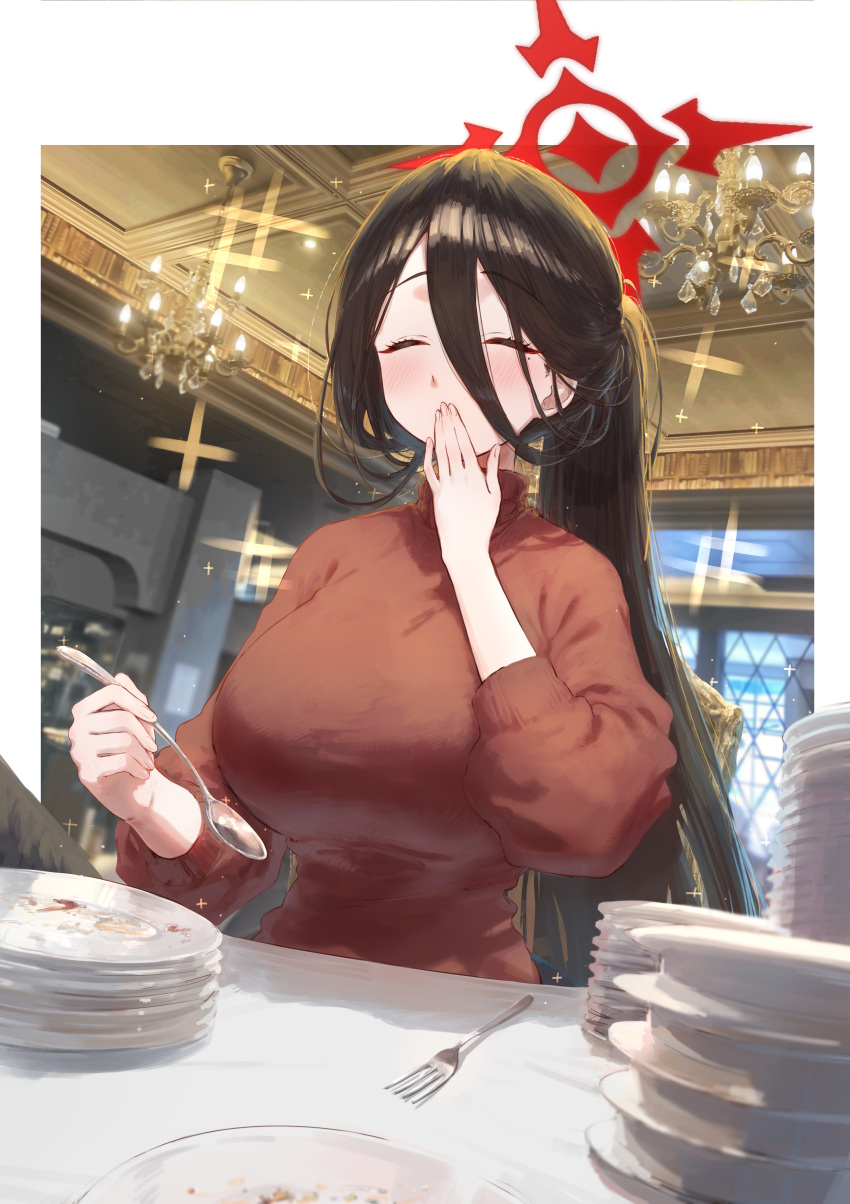 1girl, absurdres, black_hair, blue_archive, blush, border, breasts, chandelier