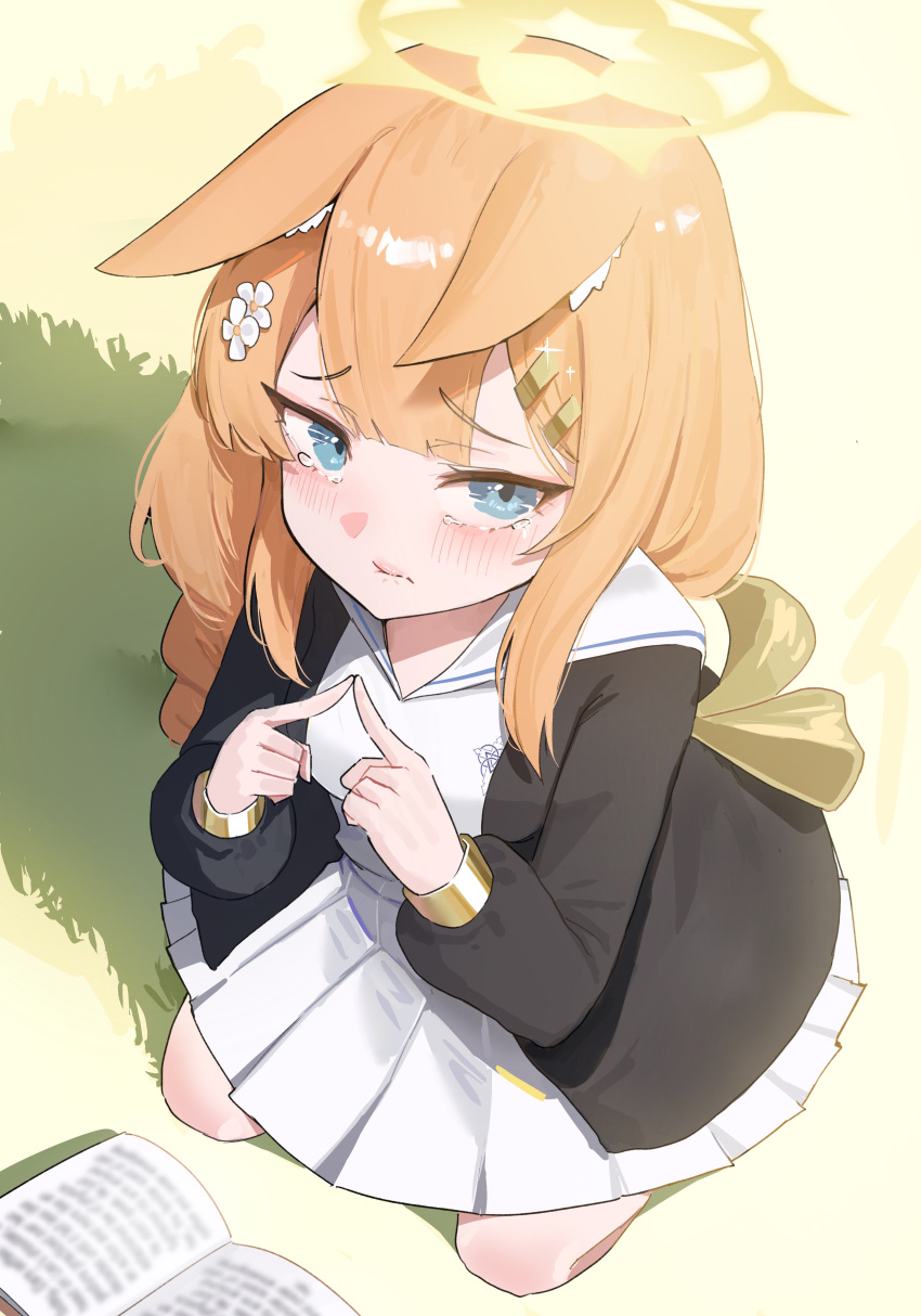 1girl, absurdres, animal_ear_fluff, animal_ears, black_jacket, blue_archive, blue_eyes, blush