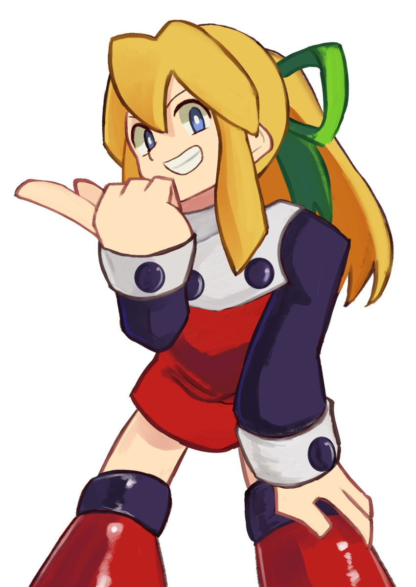 1girl, blonde_hair, blue_eyes, dress, high_ponytail, highres, long_hair, mega_man_(classic)