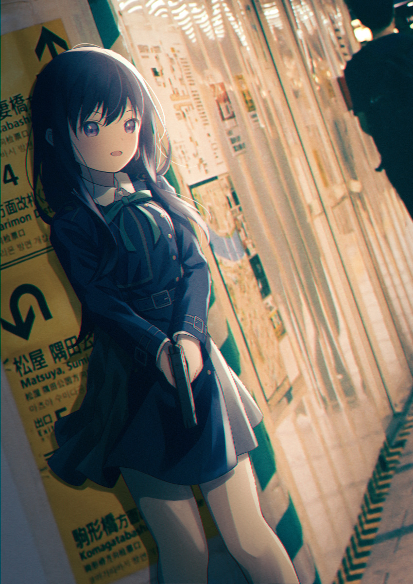 1girl, absurdres, aqua_ribbon, awomomiji, belt, belt_buckle, black_hair, blue_dress