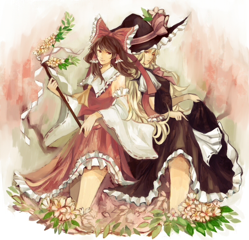 ascot, blonde_hair, bow, braid, brown_hair, detached_sleeves, flower, gohei