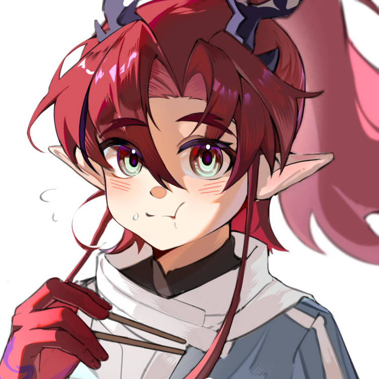 1boy, arknights, blush, chinese_commentary, chopsticks, commentary_request, dragon_boy, dragon_horns