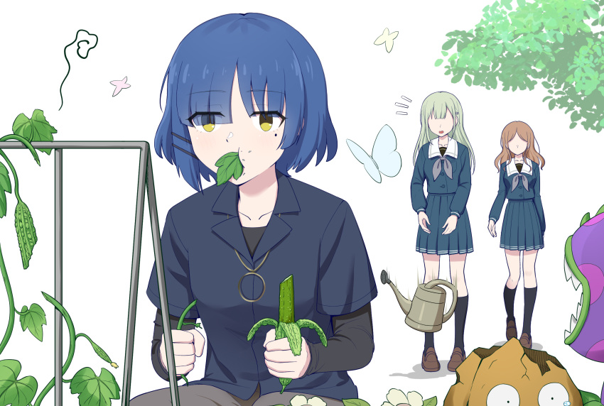 3girls, anglediana, arms_at_sides, asymmetrical_bangs, bang_dream!, bang_dream!_it's_mygo!!!!!, black_socks, blue_hair