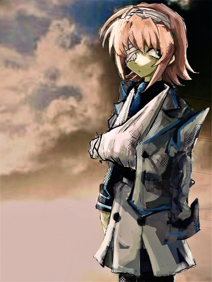 1girl, ahoge, arm_sling, bandage_over_one_eye, bandaged_arm, bandaged_head, bandages, black_pantyhose