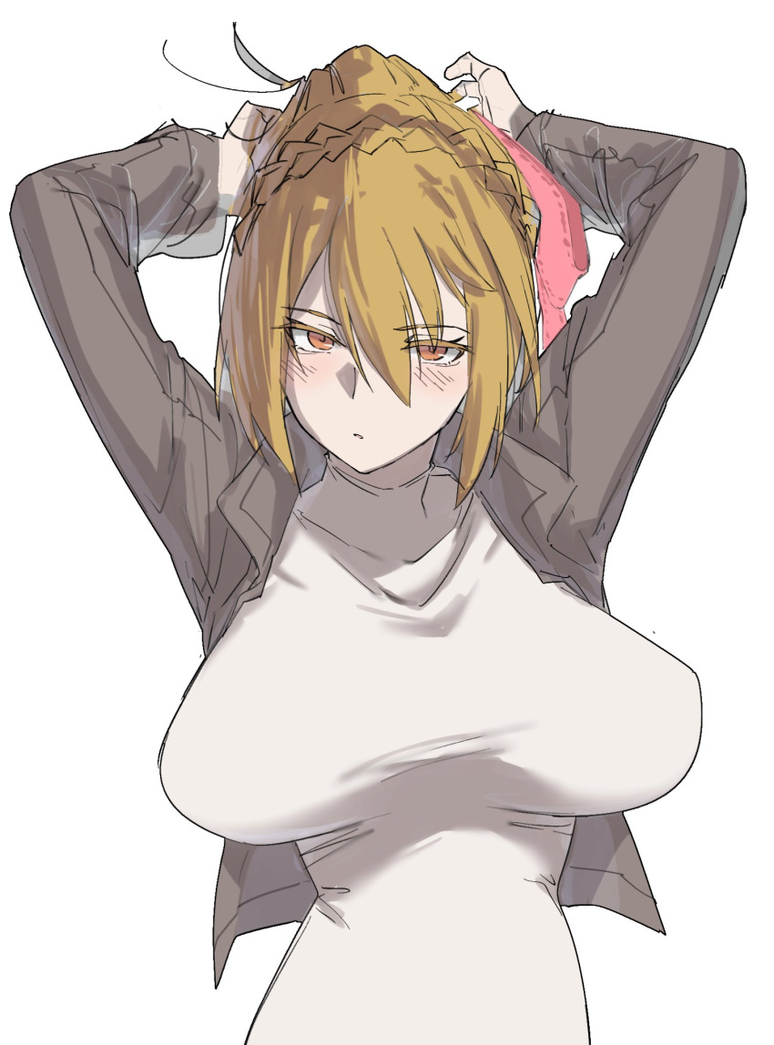 1girl, arms_behind_head, black_jacket, blonde_hair, blush, braid, breasts, cropped_jacket, crown_braid, hair_between_eyes, hair_ribbon, highres, jacket, large_breasts, minorun9, nue_no_onmyouji, parted_lips, pink_ribbon, ribbon, shirt, solo, suo_kazusa, tight_clothes, tight_shirt, turtleneck, turtleneck_shirt, white_shirt, yellow_eyes
