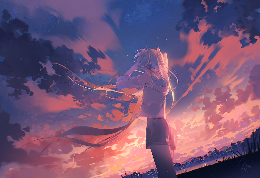 1girl, adjusting_headphones, agyou_sonokou_l, aqua_hair, astronauts_(vocaloid), bare_shoulders, clothing_cutout, commentary_request, cowboy_shot, dusk, dutch_angle, facing_ahead, floating_hair, from_behind, from_below, grey_shorts, hatsune_miku, highres, long_hair, mixed-language_commentary, outdoors, shirt, shorts, shoulder_cutout, signature, sky, skyline, solo, star_(sky), starry_sky, three-quarter_sleeves, twintails, very_long_hair, vocaloid, white_shirt